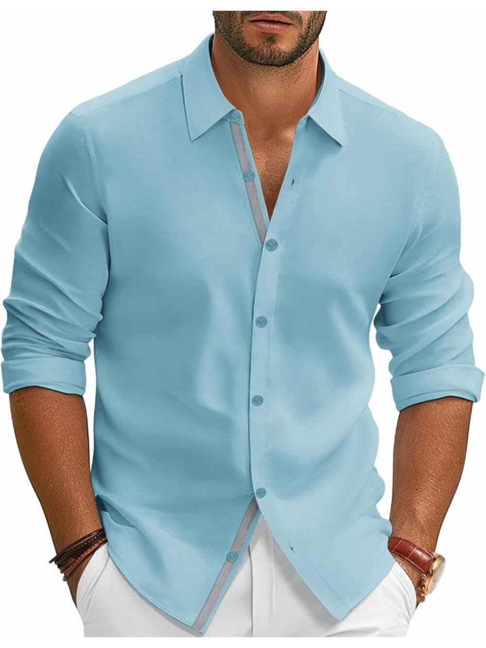 Men's Blue Dress Shirt Wrinkle Free Stretch Button Down Casual Slim Fit